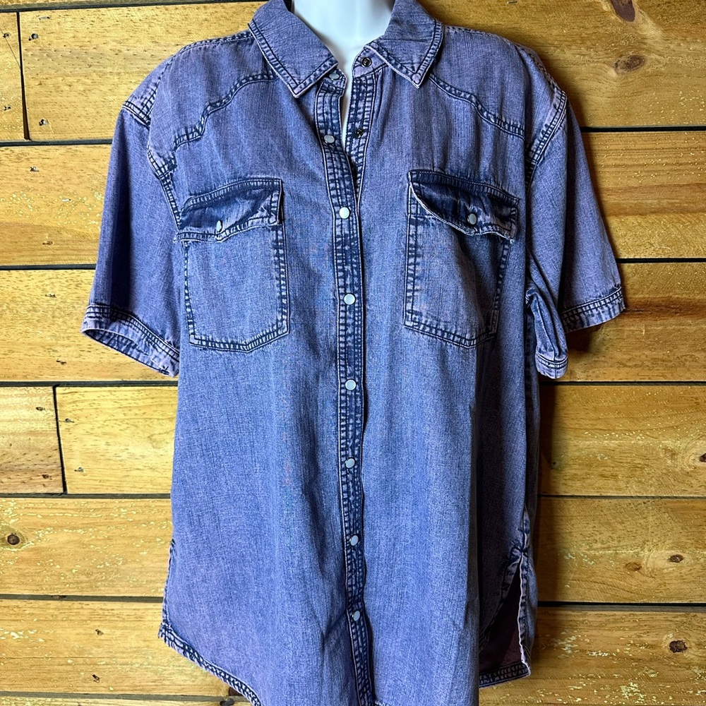 We The Free Blue Casual Button Down Shirt Denim Short Sleeve